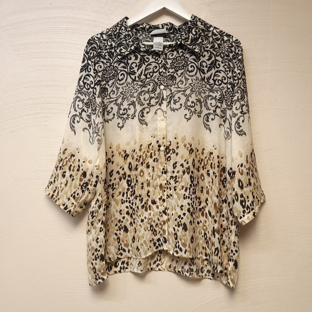 Bonworth Button Down Shirt Size L Floral Leopard Print Collar Womens Top​